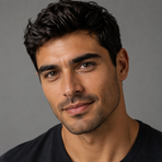 Smiling man with thick dark hair in a black T-shirt