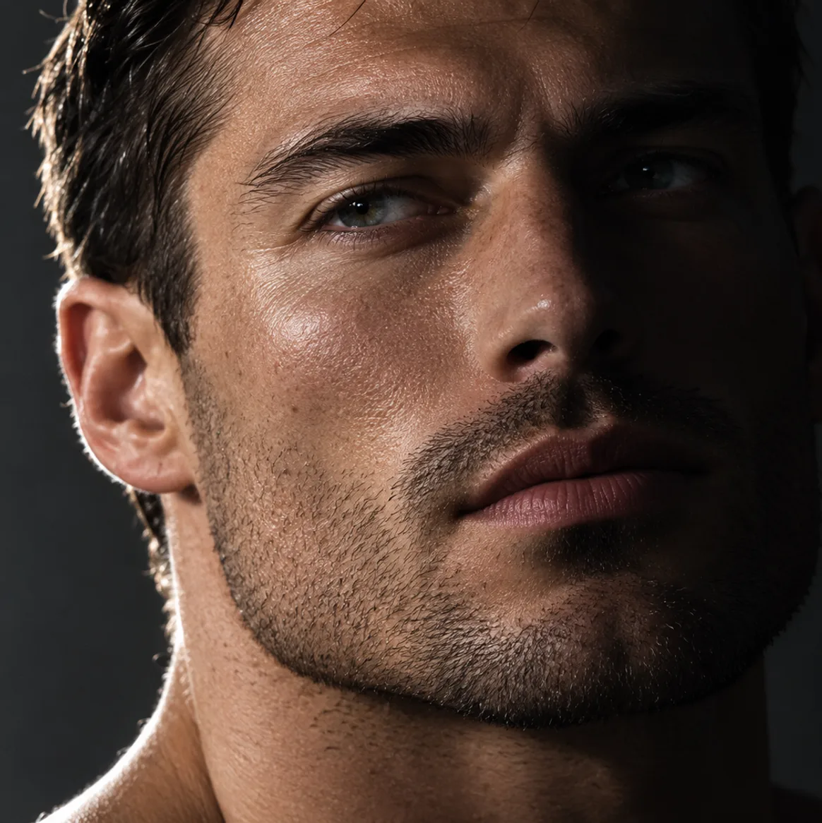 Close-up of a man's face and jawline in dramatic side light