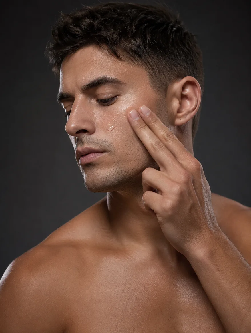 Shirtless man applying skincare to his cheek