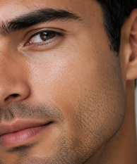 Close-up of clear, even skin around a man's eye and cheek