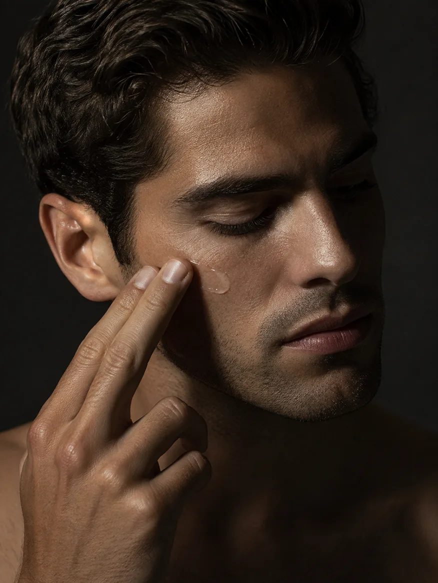 Man pressing serum into his cheek with two fingers