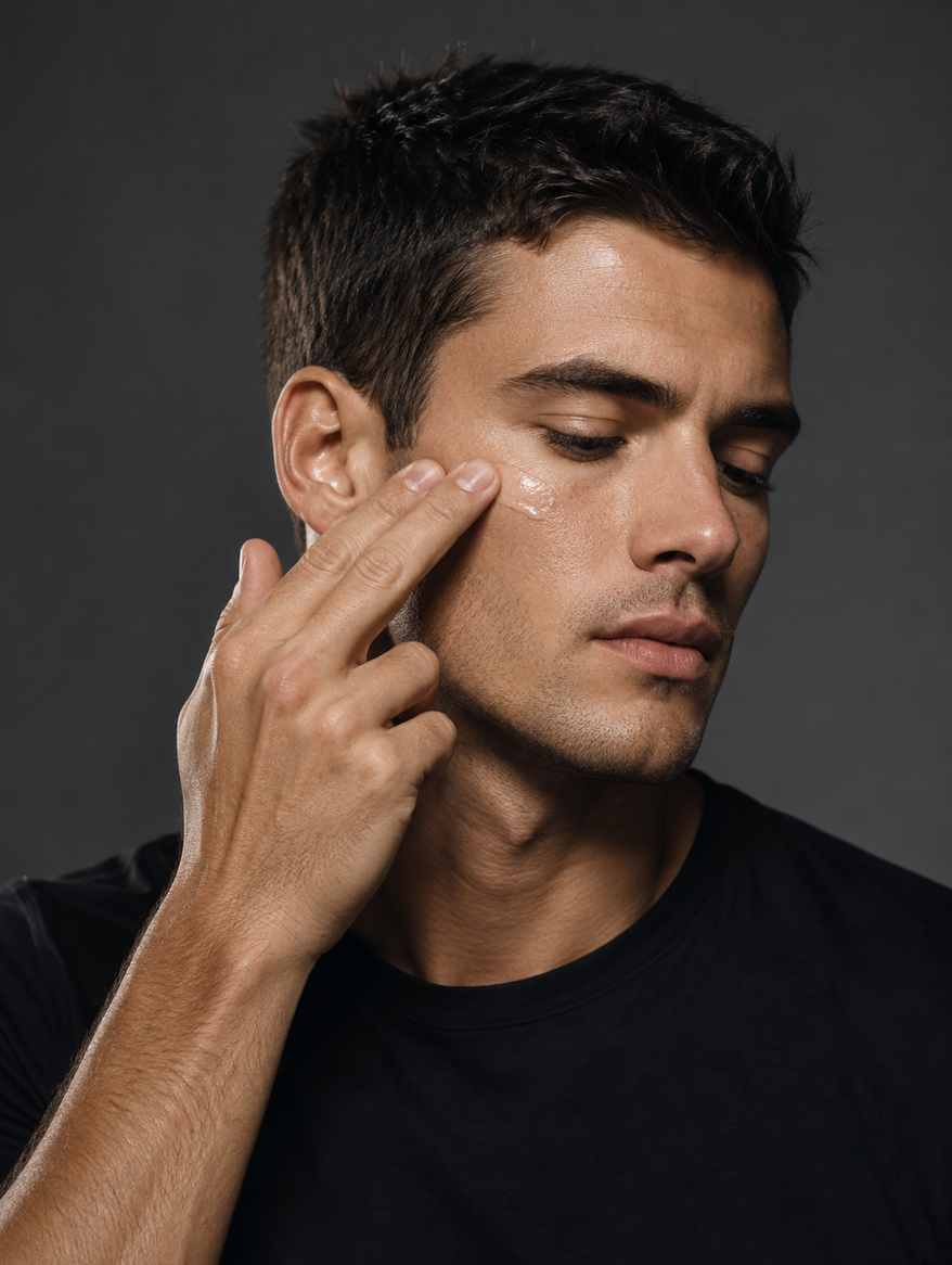 Man in a black T-shirt applying face cream