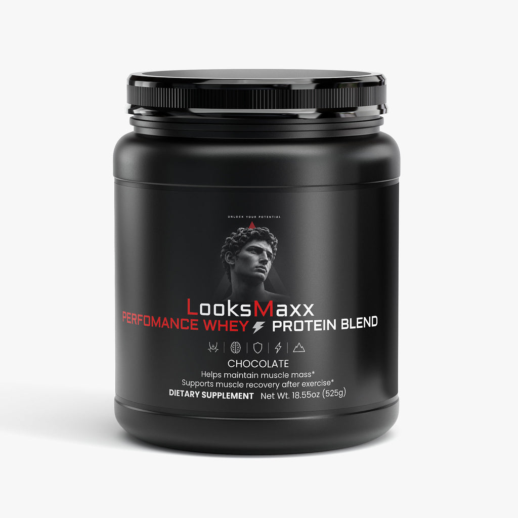 LookMaxxing chocolate whey protein tub for men looksmaxxing