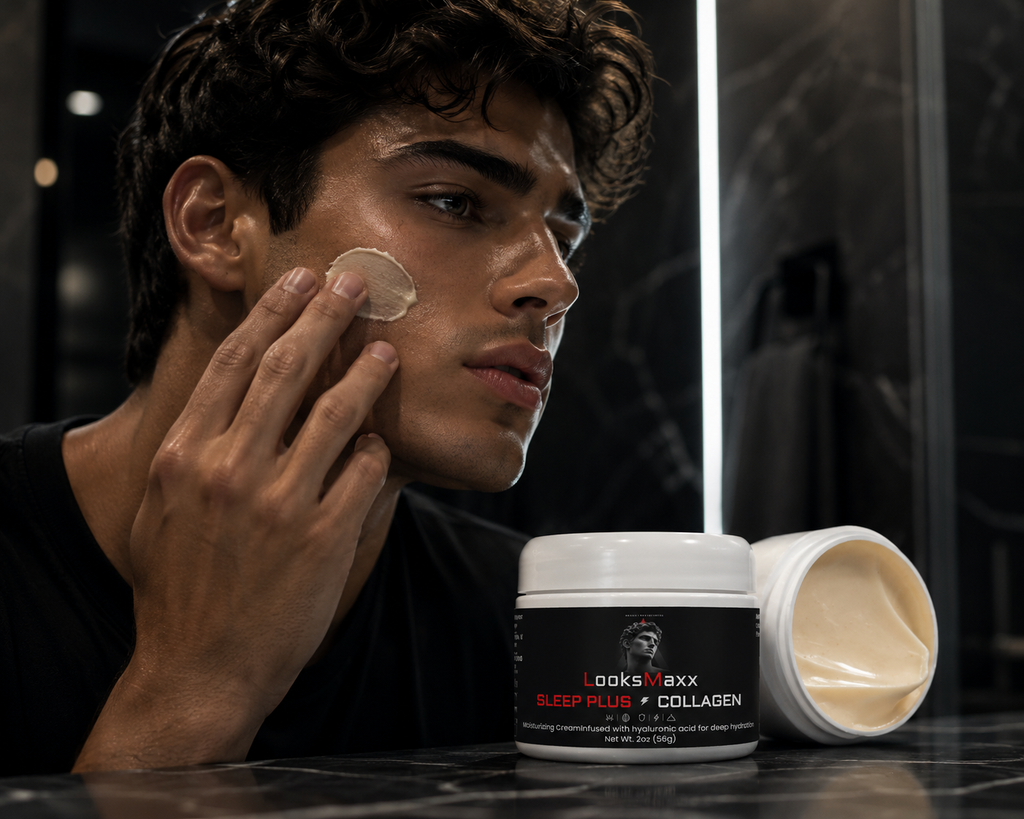 LookMaxxing sleep plus collagen night cream for men, overnight looksmaxxing skincare