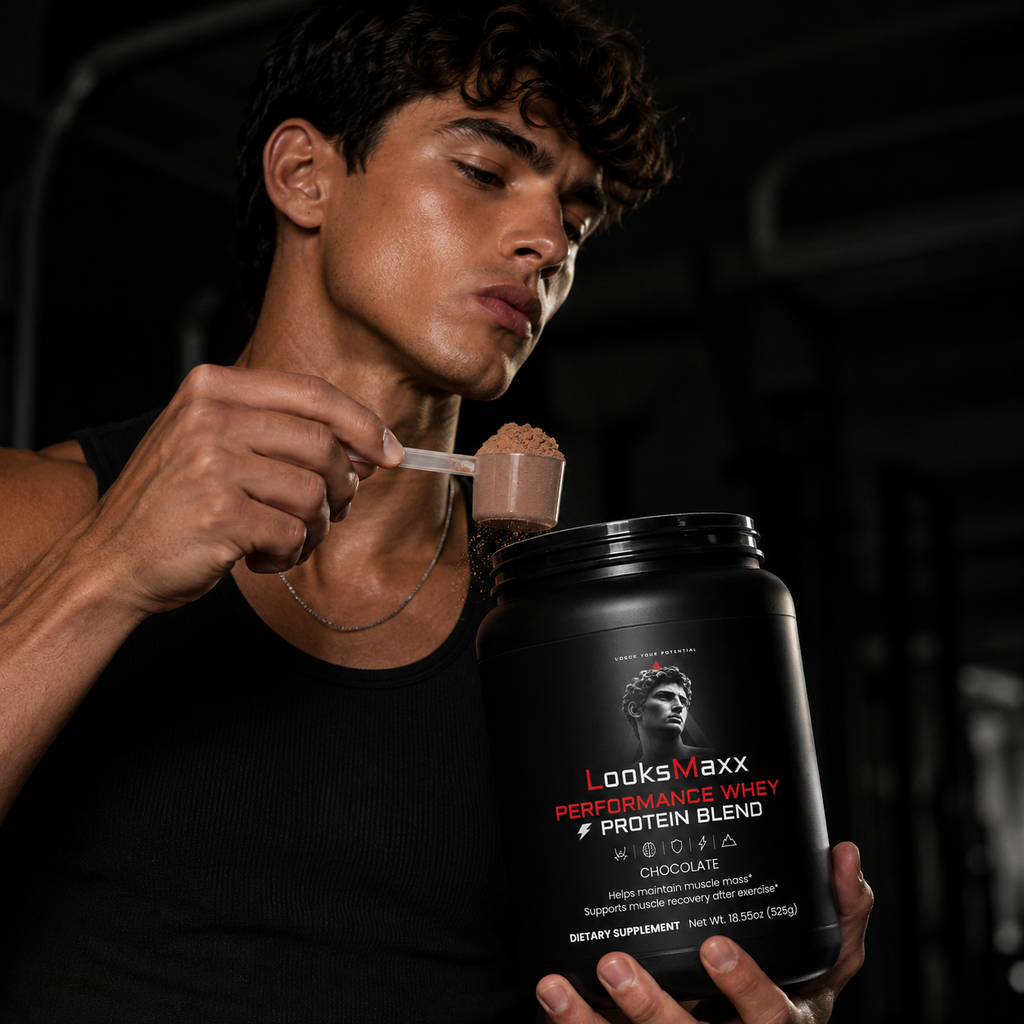 LookMaxxing chocolate whey protein for men, gymmaxxing muscle looksmaxxing