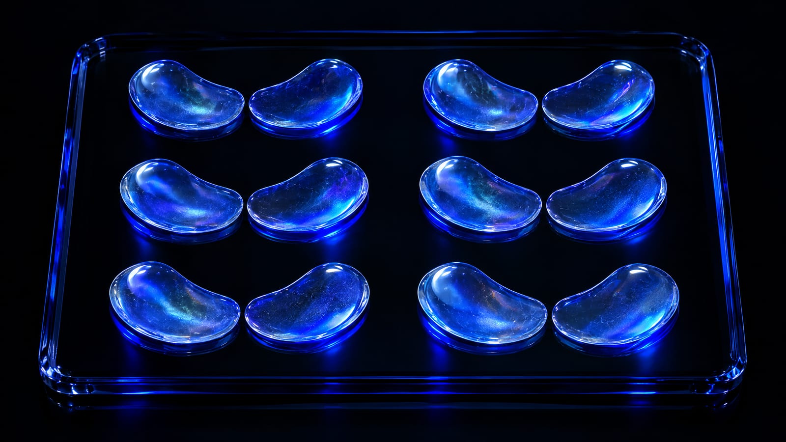 Translucent under-eye gel patches arranged on a black glass tray