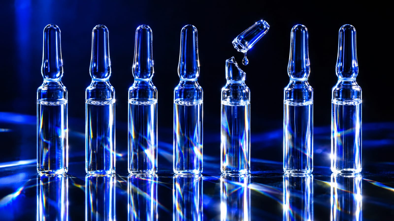 A row of glass serum ampoules refracting light on a mirror