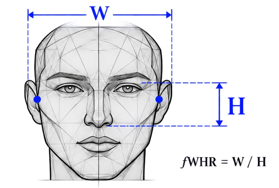 Facial width-to-height diagram: W across the cheekbones, H from eyelid to upper lip, fWHR = W / H